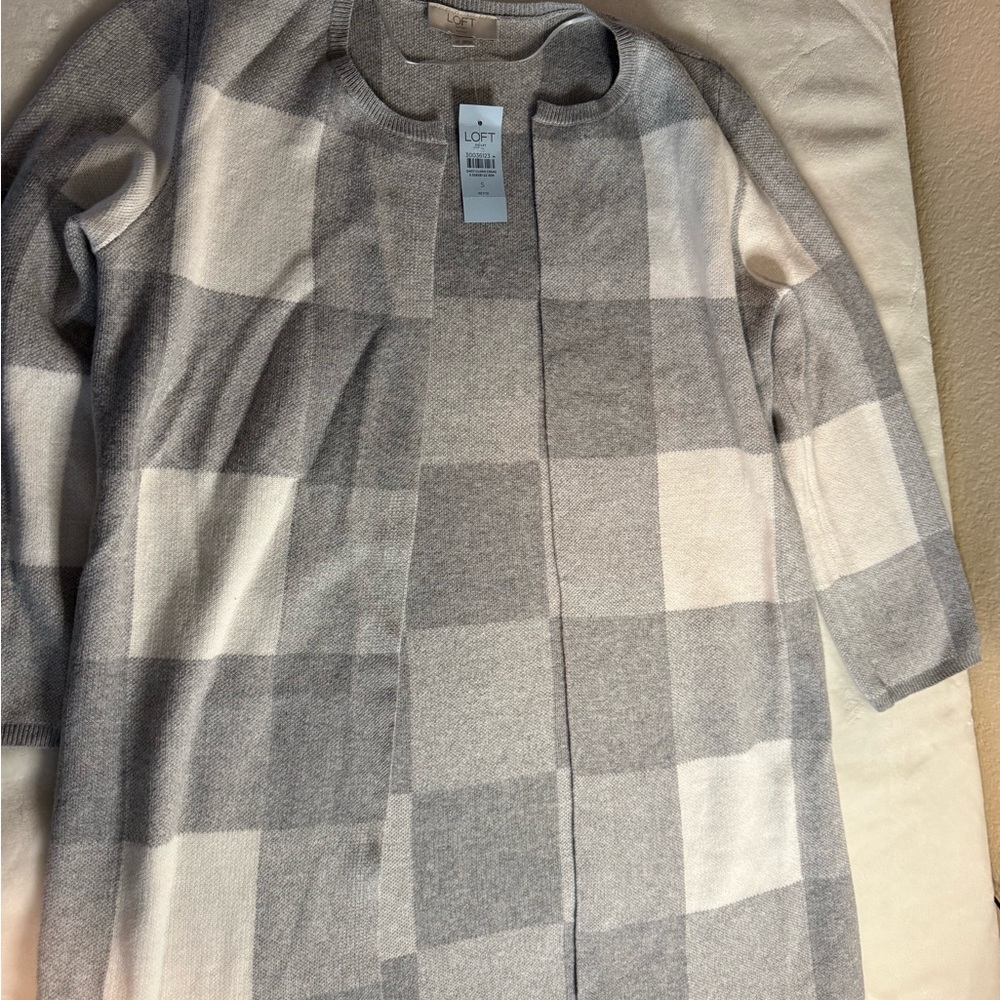 LOFT Gray and Cream Checkered Sweater